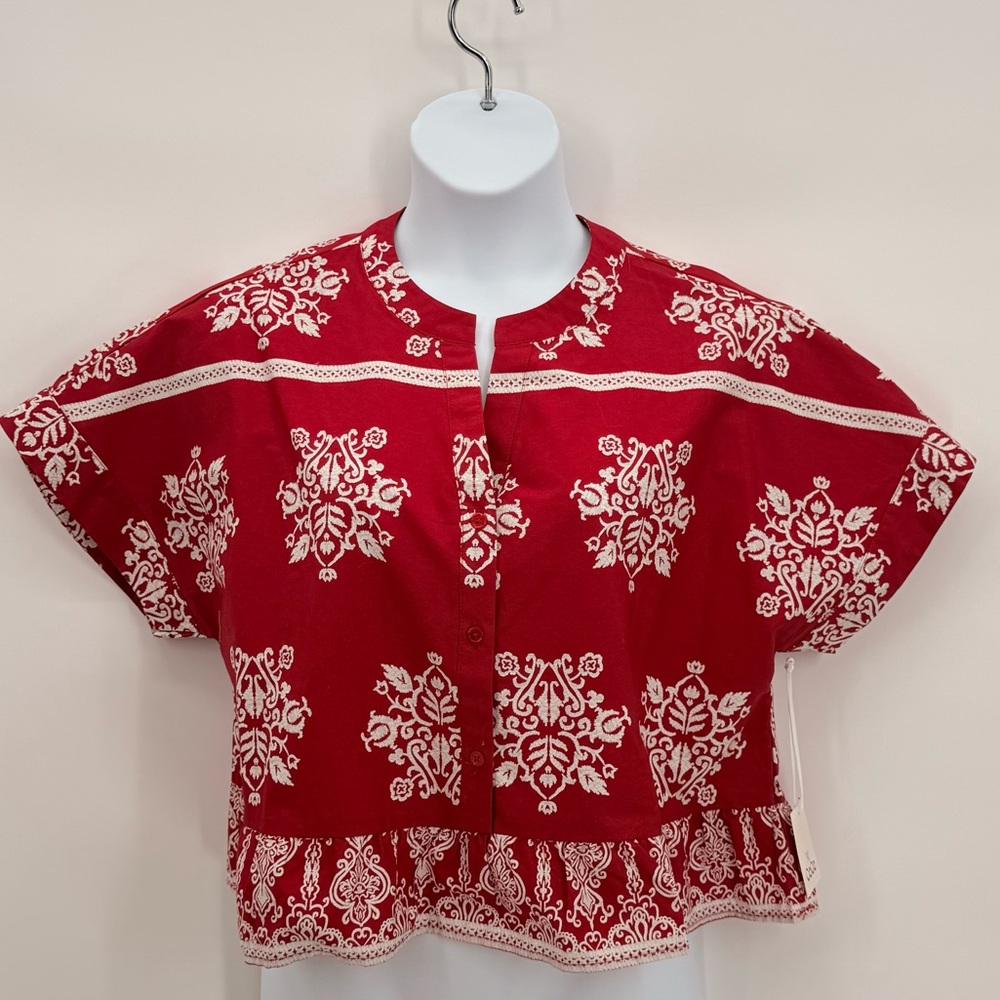 CeCe NWT Red White Floral Boho Peasant Blouse Top Linen Blend XL